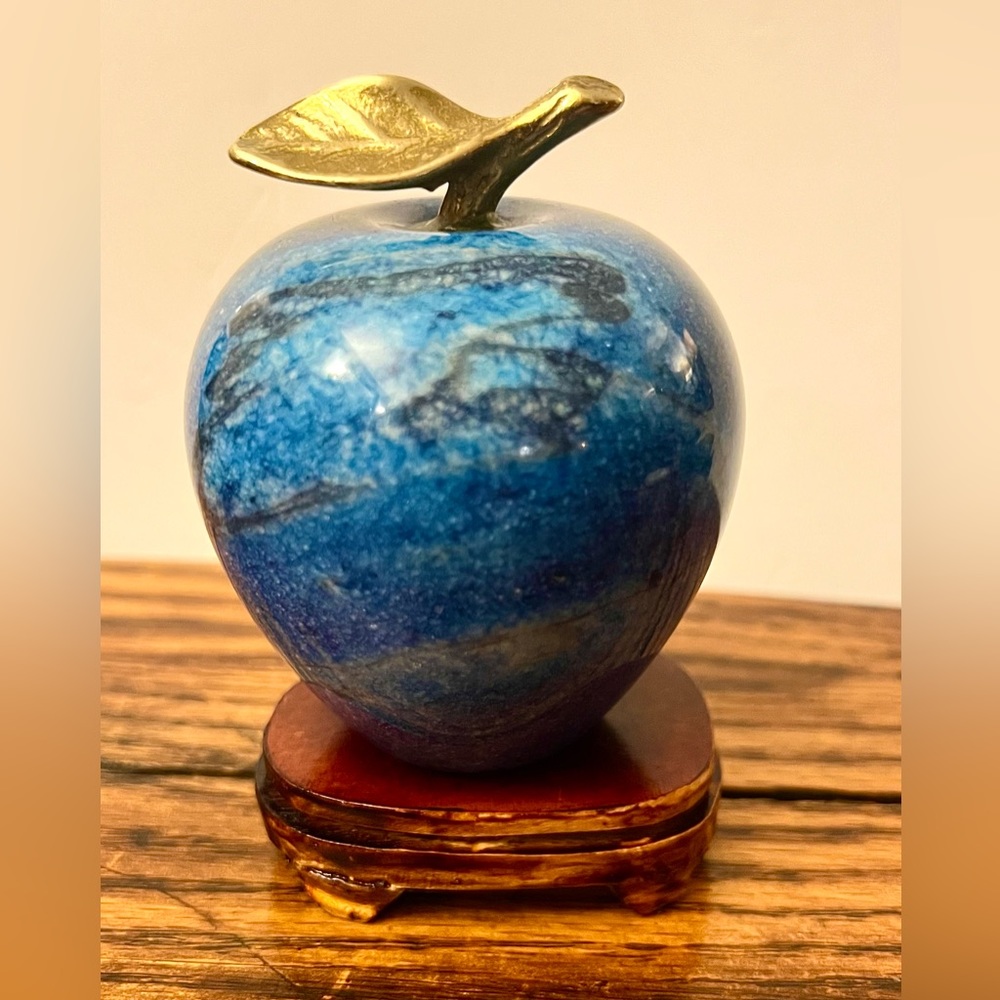 Italian Blue Marble Apple Solid w/Brass Leaf 1960s Paperweight 4" Shelf Decor